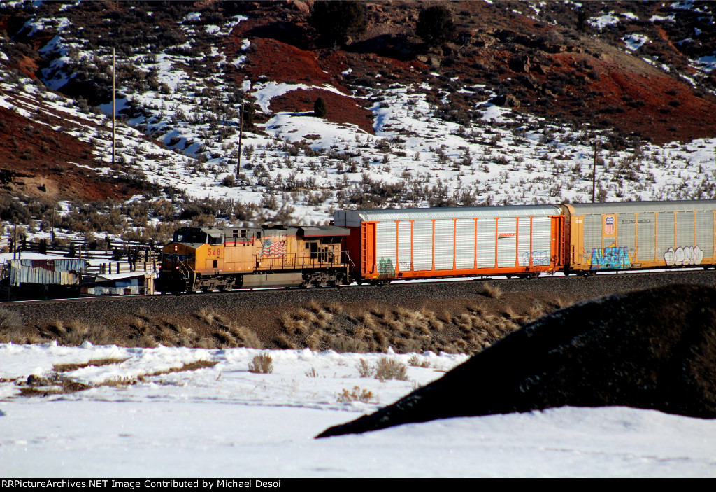 One unit wonder, UP 5481 (C45ACCTE or ES44AC) leads a westbound empty autorack at Castle Rock, Utah February 19, 2022 {Winter Echofest}